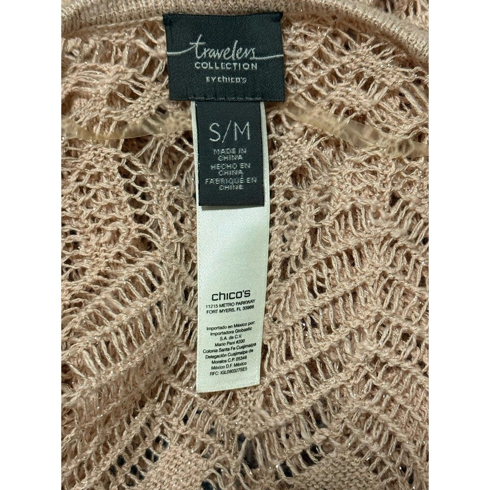 Chico's Travelers Open Knit Sleeveless Cardigan Sweater Peach Pink Sparkle S/M - Picture 3 of 6